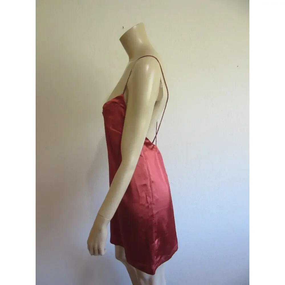 FREE PEOPLE Burnt Orange Rhinestone Spaghetti Straps S Satin Mini Slip Dress-JB1